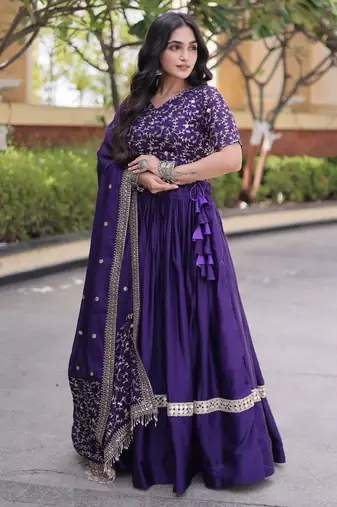 Violet Satin Lehenga Choli with Embroidery Zari Sequins Work