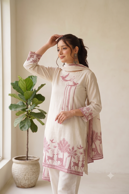 Women off-white & maroon cotton printed kurti with farshi salwar and dupatta set 2