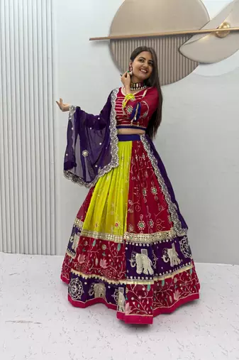 Multi Color Embroidery Thread & Sequence work with real mirror work Faux Georgette Navratri Lahenga Choli Set