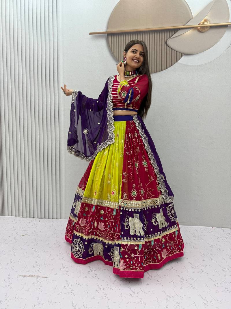 Multi Color Embroidery Thread & Sequence work with real mirror work Faux Georgette Navratri Lahenga Choli Set