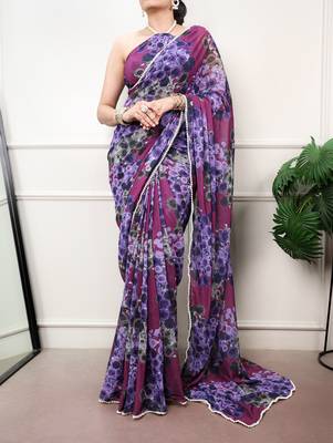 Floral print weightless marble saree with delicate pearl border 1