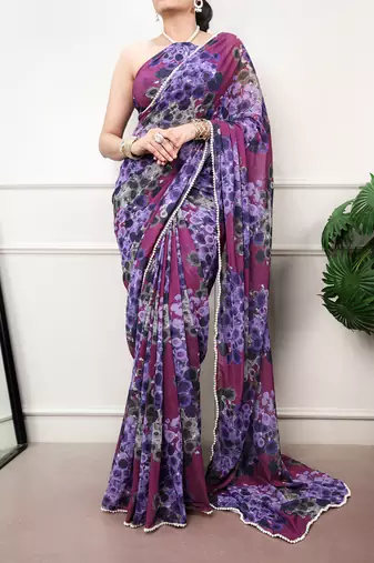 Floral print weightless marble saree with delicate pearl border