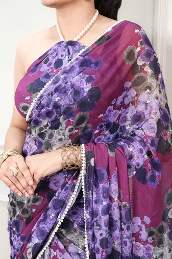 Floral print weightless marble saree with delicate pearl border