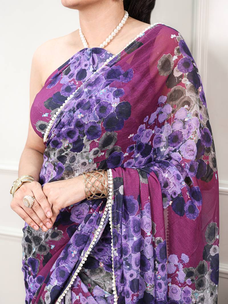 Floral print weightless marble saree with delicate pearl border