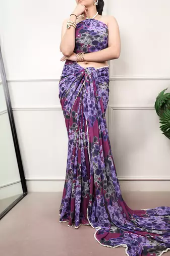 Floral print weightless marble saree with delicate pearl border