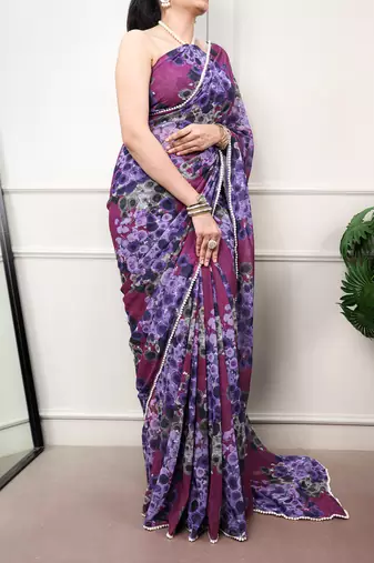 Floral print weightless marble saree with delicate pearl border