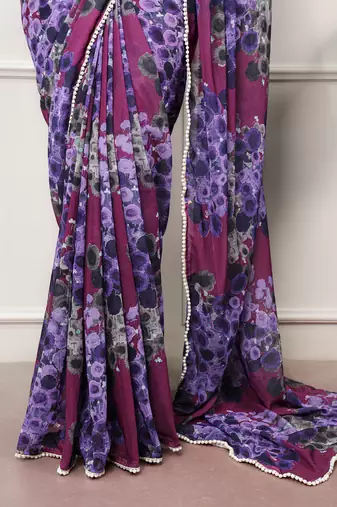 Floral print weightless marble saree with delicate pearl border