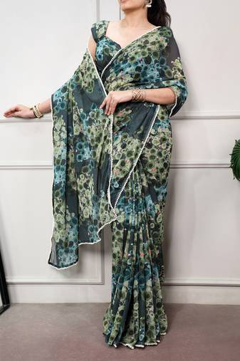 Floral print weightless marble saree with delicate pearl border