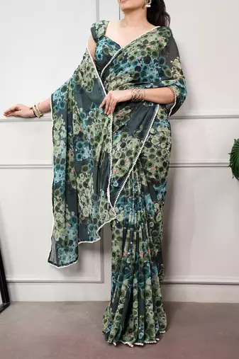 Floral print weightless marble saree with delicate pearl border