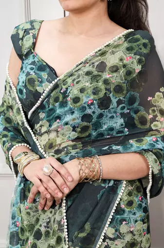 Floral print weightless marble saree with delicate pearl border
