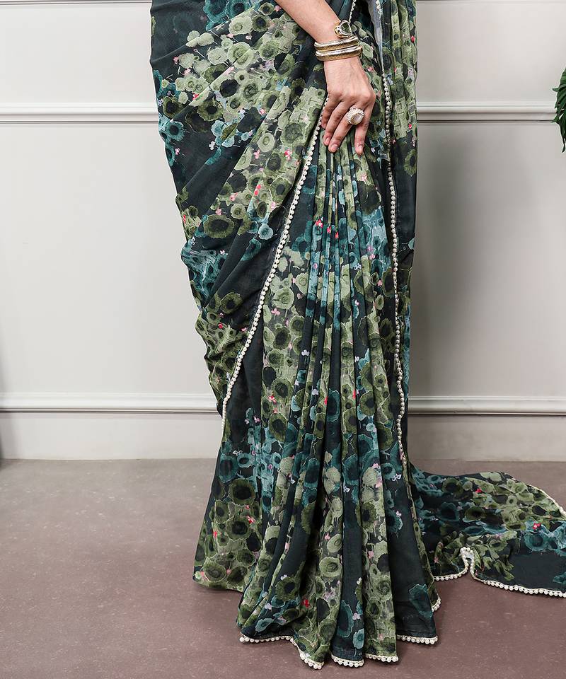 Floral print weightless marble saree with delicate pearl border