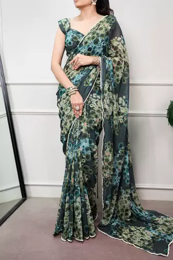 Floral print weightless marble saree with delicate pearl border
