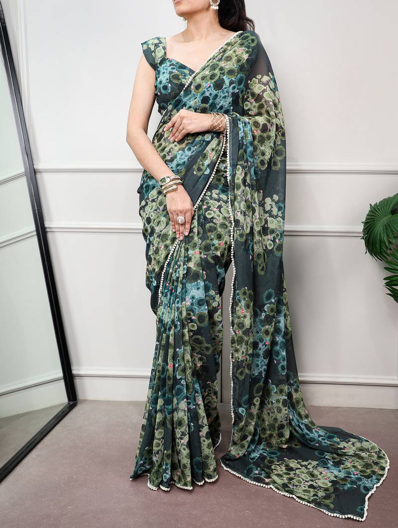 Floral print weightless marble saree with delicate pearl border