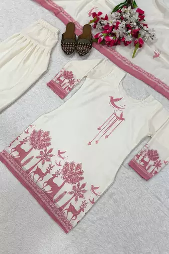 Women off-white & maroon cotton printed kurti with farshi salwar and dupatta set