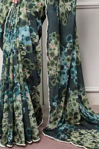 Floral print weightless marble saree with delicate pearl border