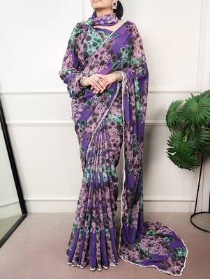 Floral print weightless marble saree with delicate pearl border 1