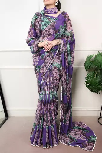 Floral print weightless marble saree with delicate pearl border