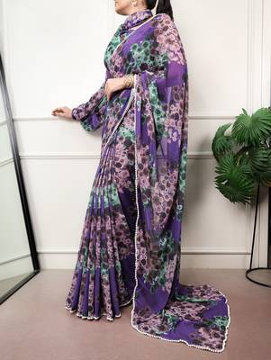 Floral print weightless marble saree with delicate pearl border 3