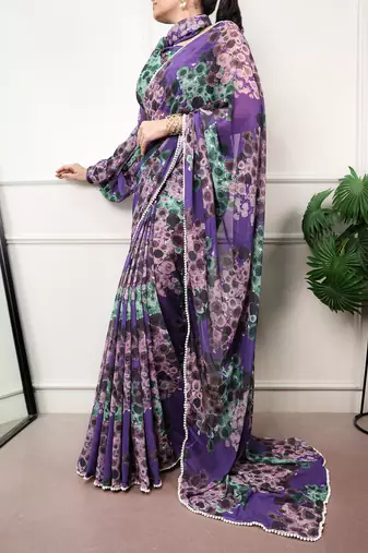 Floral print weightless marble saree with delicate pearl border
