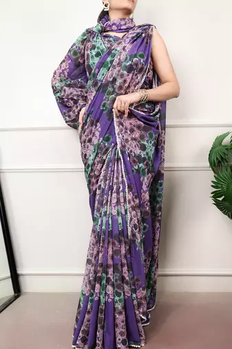 Floral print weightless marble saree with delicate pearl border