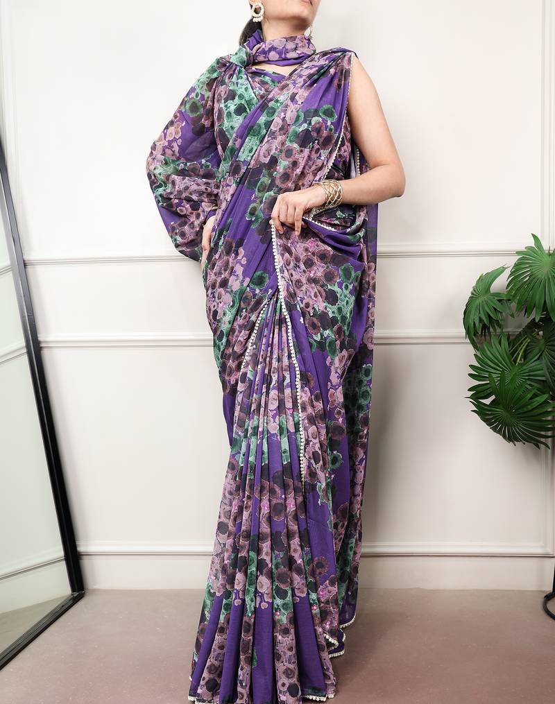 Floral print weightless marble saree with delicate pearl border