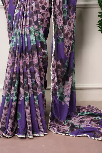 Floral print weightless marble saree with delicate pearl border