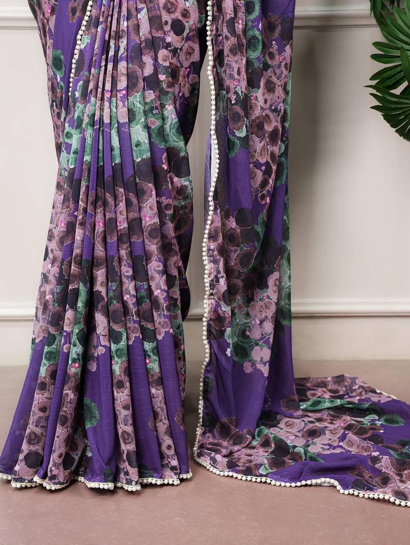 Floral print weightless marble saree with delicate pearl border