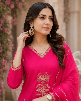 Kavindi women   s zari & sequin embroidered straight kurta pant set with organza dupatta 4
