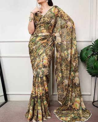Floral print weightless marble saree with delicate pearl border 1