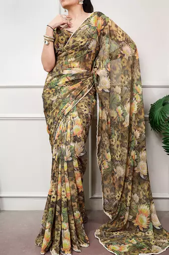 Floral print weightless marble saree with delicate pearl border