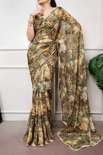 Floral print weightless marble saree with delicate pearl border