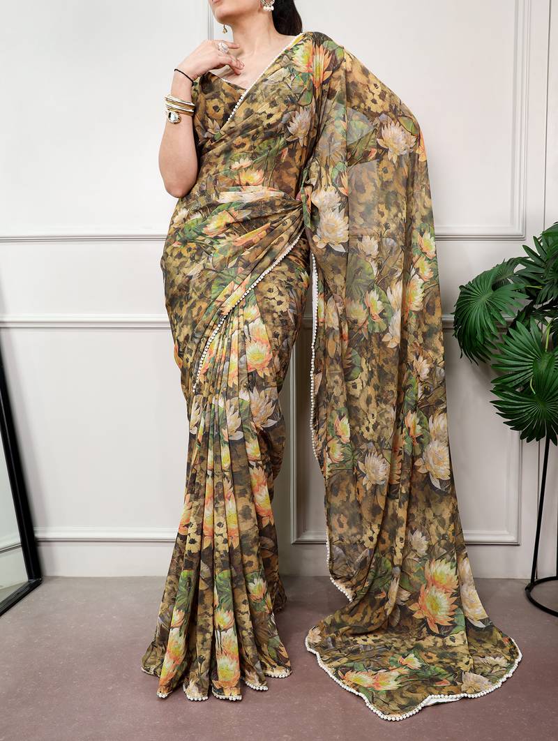 Floral print weightless marble saree with delicate pearl border