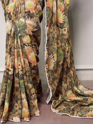 Floral print weightless marble saree with delicate pearl border 5