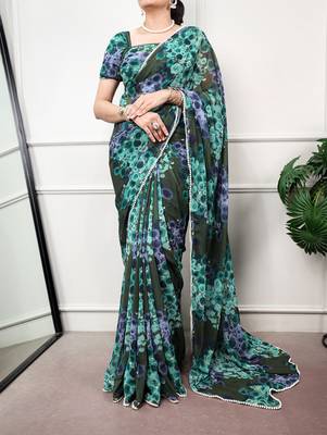 Floral print weightless marble saree with delicate pearl border 1