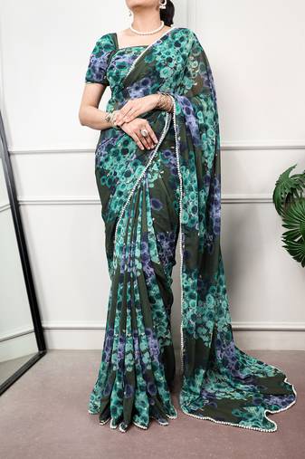 Floral print weightless marble saree with delicate pearl border