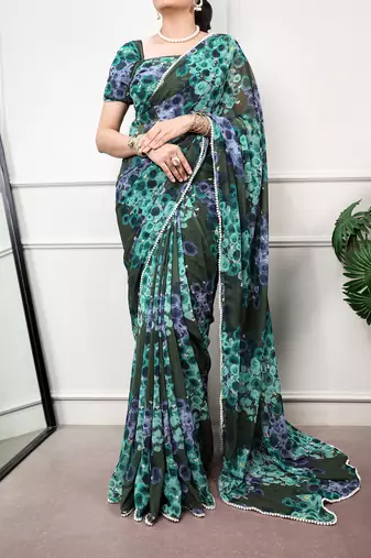 Floral print weightless marble saree with delicate pearl border