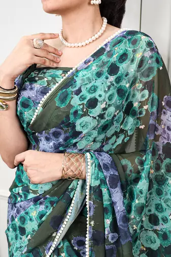Floral print weightless marble saree with delicate pearl border