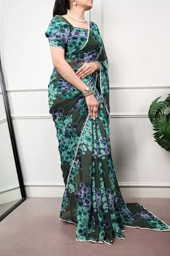 Floral print weightless marble saree with delicate pearl border