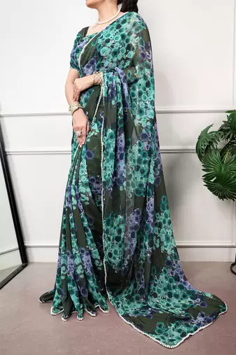 Floral print weightless marble saree with delicate pearl border
