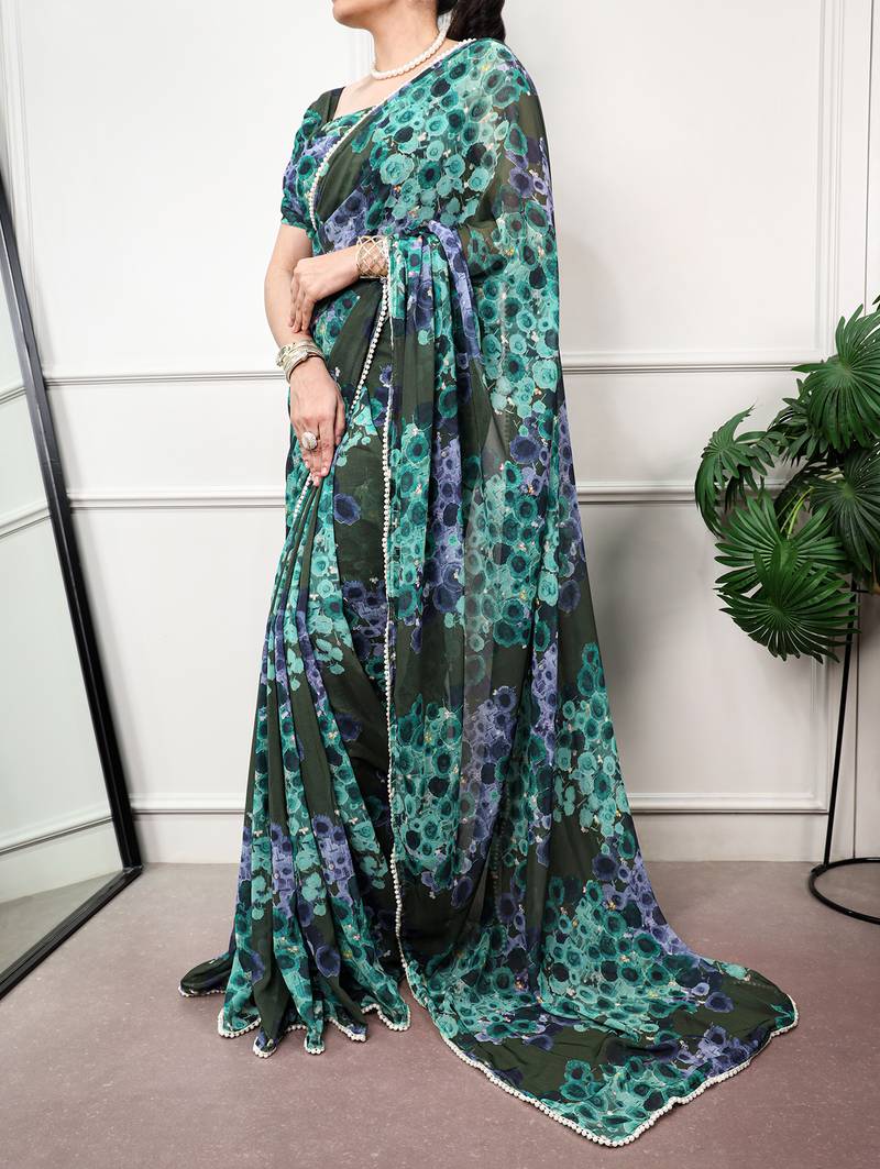 Floral print weightless marble saree with delicate pearl border