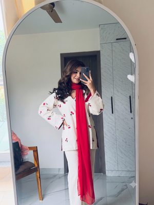 Women off-white & red cherry  short kurta set with farshi salwar 1