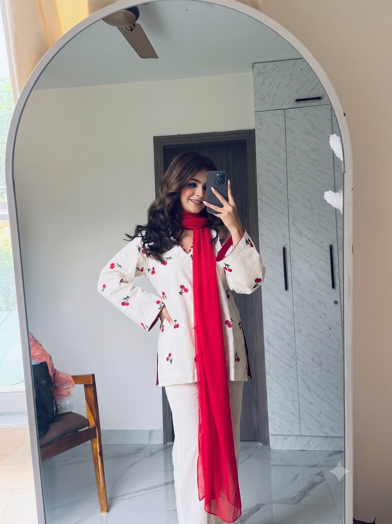 Women off-white & red cherry  short kurta set with farshi salwar