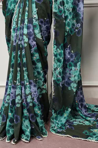Floral print weightless marble saree with delicate pearl border