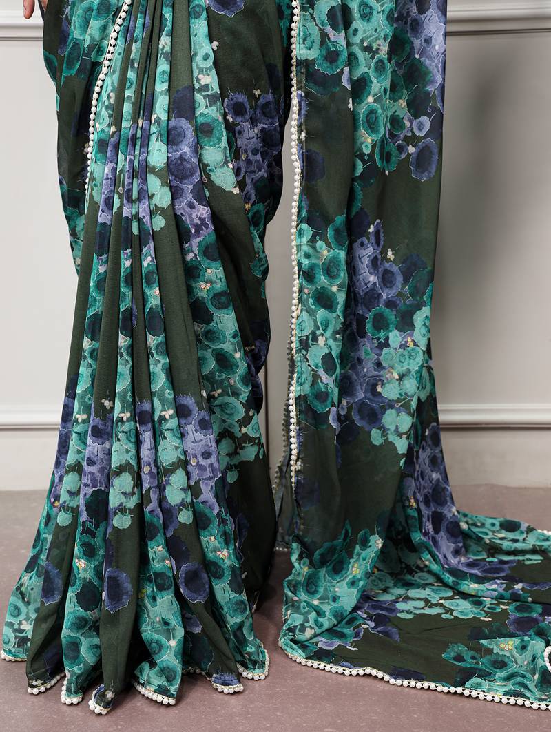 Floral print weightless marble saree with delicate pearl border