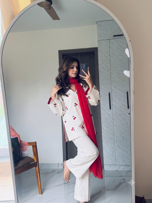 Women off-white & red cherry  short kurta set with farshi salwar 2