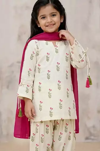 Trendy girls floral printed kurti with dhoti pants & dupatta set