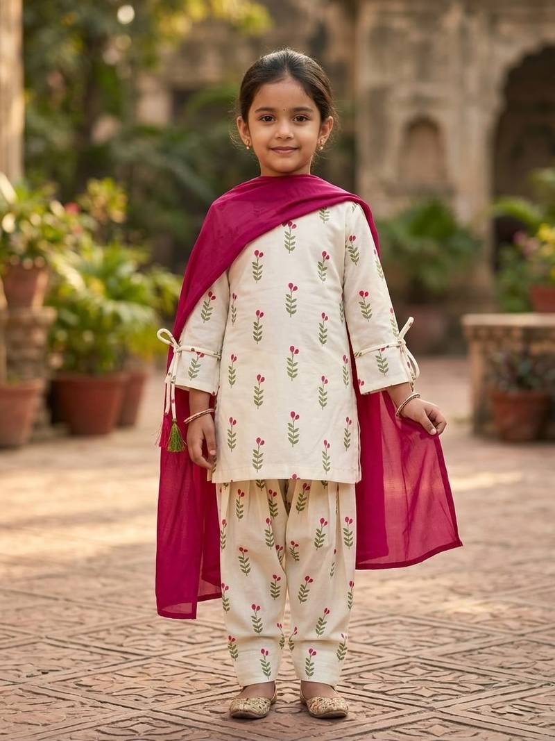 Trendy girls floral printed kurti with dhoti pants & dupatta set