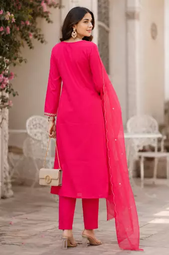 Kavindi women’s zari & sequin embroidered straight kurta pant set with organza dupatta