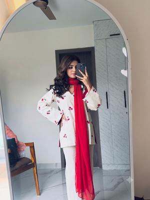 Women off-white & red cherry  short kurta set with farshi salwar 3