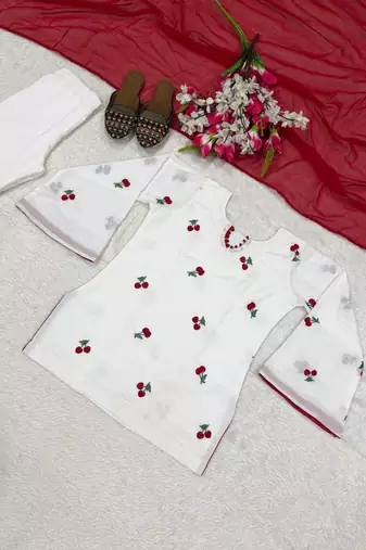 Women off-white & red cherry  short kurta set with farshi salwar